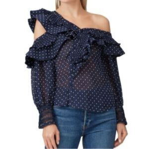 Self-Portrait Navy Polka Dot Ruffle Top